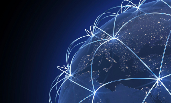 Blog graphic with a blue earth in outer space with lighter blue lines that connect like a network intertwined with lines