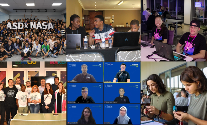 6 images side by side of groups of Space Apps participants