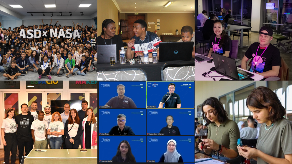 6 images side by side of groups of Space Apps participants