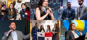 A collage of 6 images ,3 on top, 3 on bottom, of Global Winners, Keith Gaddis, and Julie Robinson at the Winners Celebration at NASA HQ in Washington, D.C.