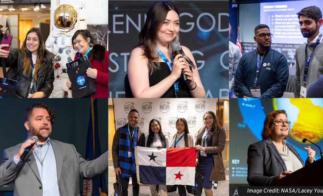 A collage of 6 images ,3 on top, 3 on bottom, of Global Winners, Keith Gaddis, and Julie Robinson at the Winners Celebration at NASA HQ in Washington, D.C.