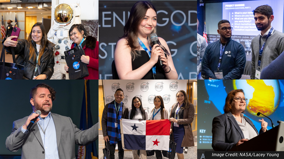 A collage of 6 images ,3 on top, 3 on bottom, of Global Winners, Keith Gaddis, and Julie Robinson at the Winners Celebration at NASA HQ in Washington, D.C.