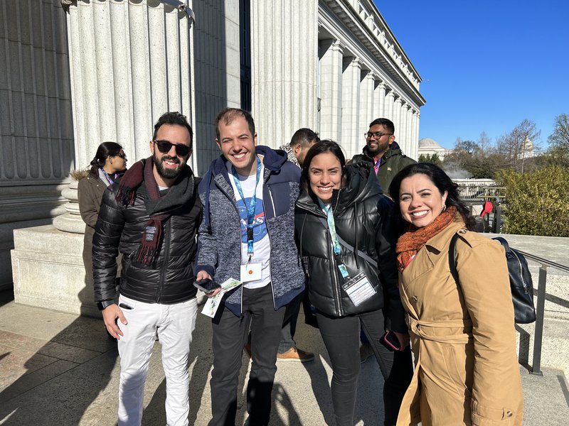 Global Winners smile for a photo outside the National Gallery of Art during the Space Apps scavenger hunt throughout the National Mall.