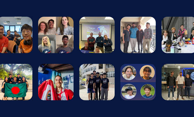 Graphic of 10 rounded squares 5 by 5 that include images of each of the winning Global Winner teams