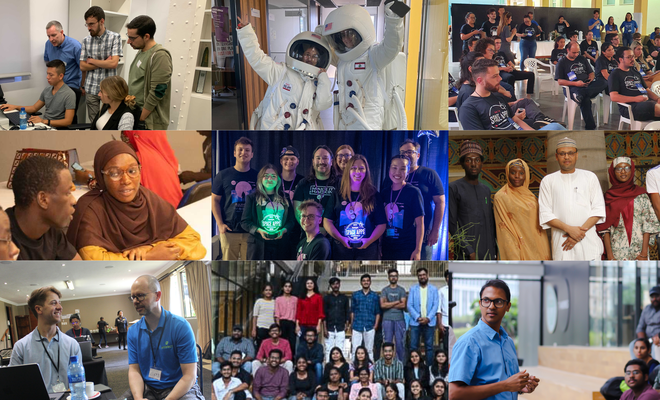 Compiled images of 9 groups of Space Apps participants at the 2022 event