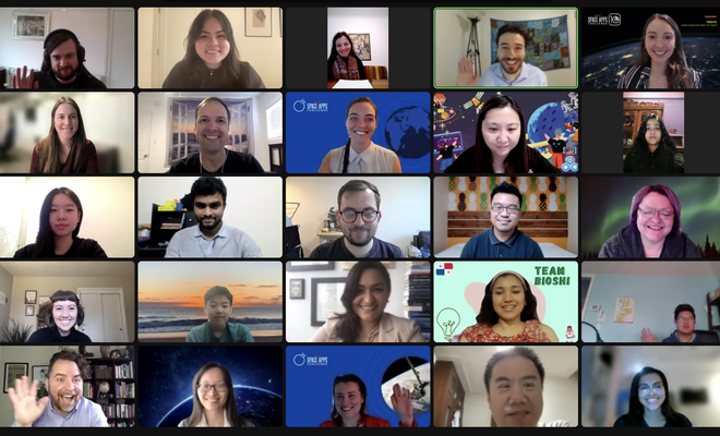 Zoom group picture grid view of the Space Apps community and NASA civil servants, experts, scientists, and leaders, including Dr. Keith Gaddis, NASA Program Scientist for the Space Apps Challenge on bottom left